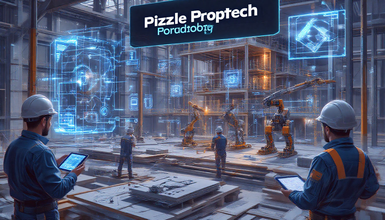 AI-платформа для строительства — футуристическая строительная площадка с голографическим интерфейсом и роботизированными механизмами.