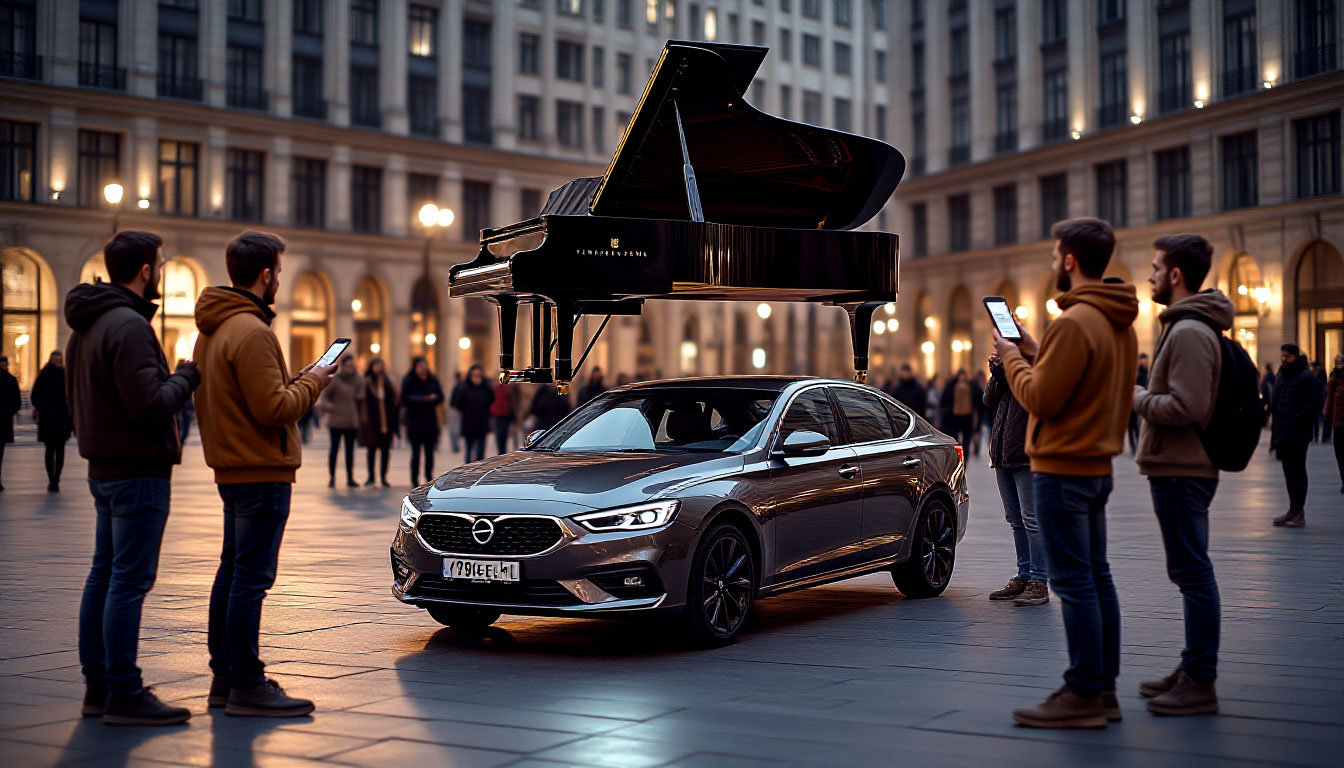 Автомобиль и подвешенный над ним рояль — сюрреалистичная сцена для интерактивной рекламной кампании.