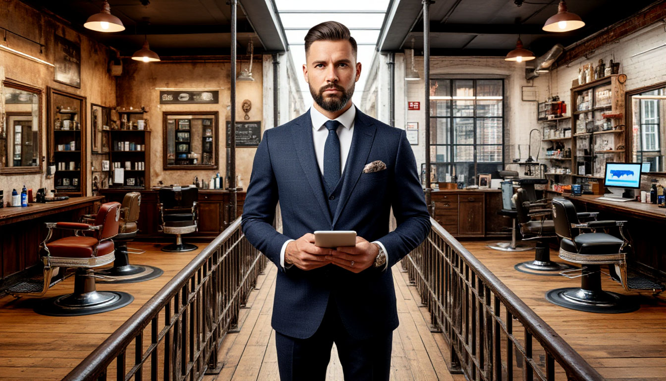Владелец бизнеса на мосту между традиционным и современным барбершопом, визуализируя дилемму: барбершопы — рынок на грани или перспективная отрасль.
