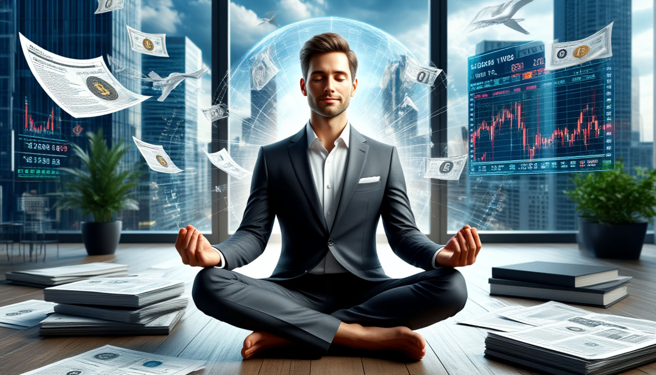 Мужчина демонстрирует внутреннее спокойствие, сохраняя душевный баланс в центре финансовой активности.