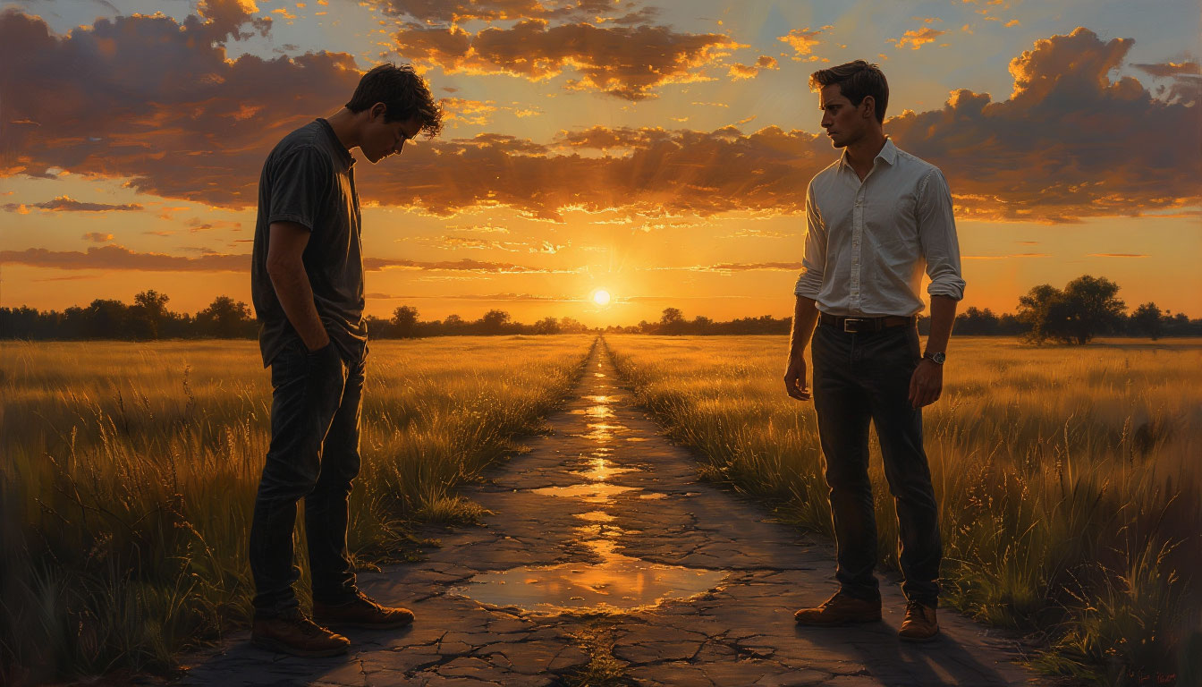 Два типа людей — один человек жалуется, другой уверенно выбирает путь силы на рассвете.