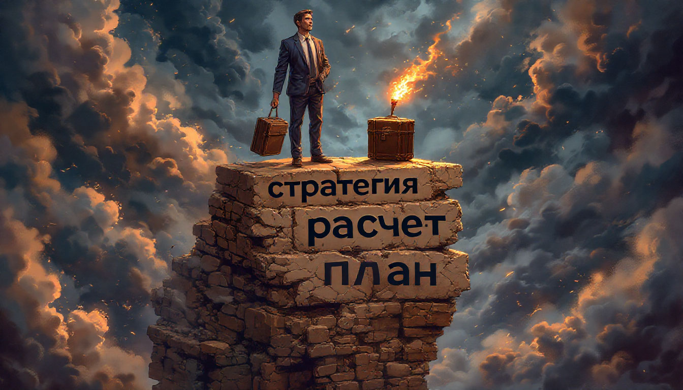 Предприниматель делает запуск на свои, стоя на краю скалы с фундаментом стратегии и верой в себя.