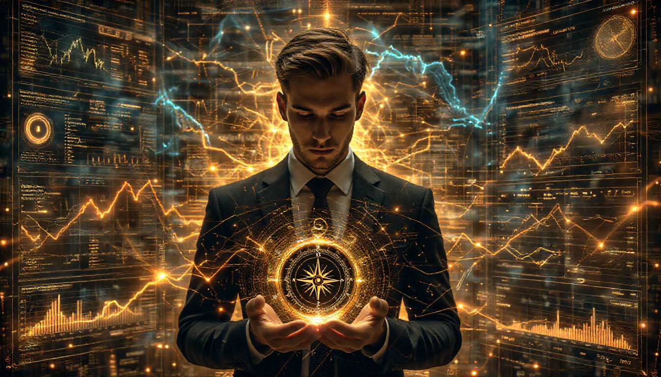 Предприниматель, использующий интуицию в бизнесе как внутренний компас для принятия решений среди аналитических данных.