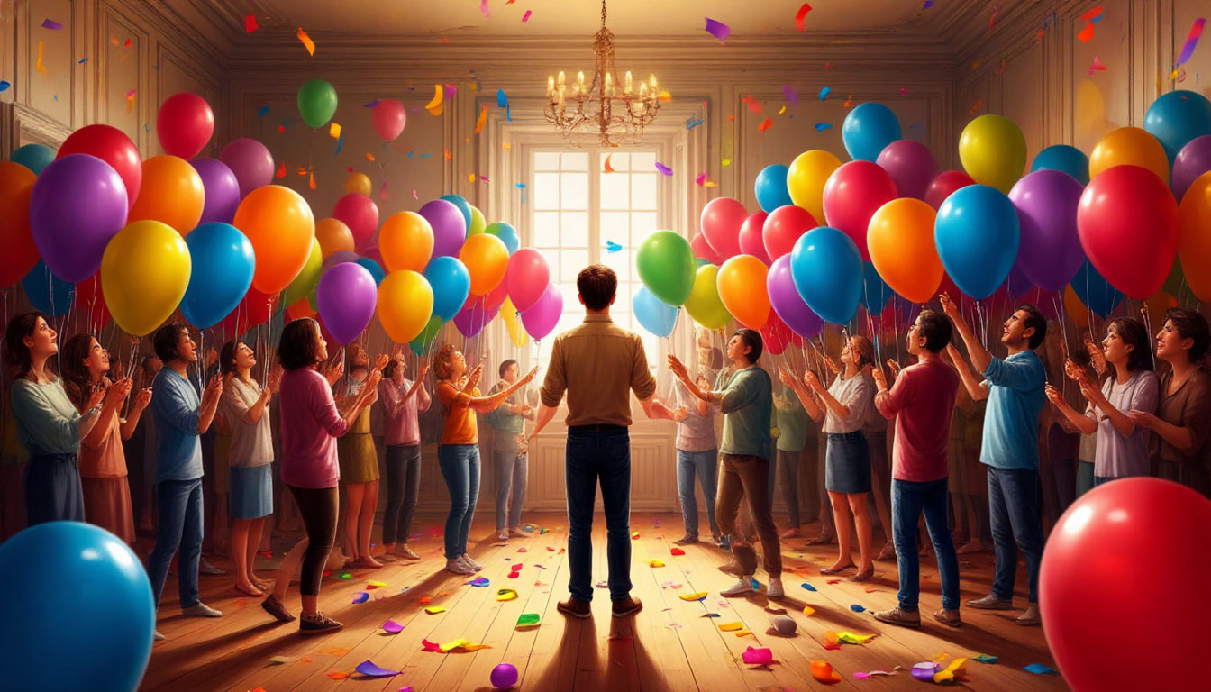 Как одно упражнение перевернуло представление о счастье — сцена в комнате с воздушными шарами, где люди помогают друг другу найти свои желания.