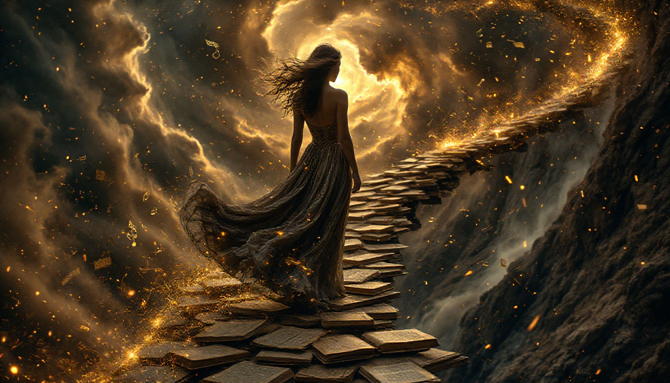 Решение поверить в себя: женщина делает первый шаг по сияющей лестнице, превращая обрыв страха в путь к мечте.