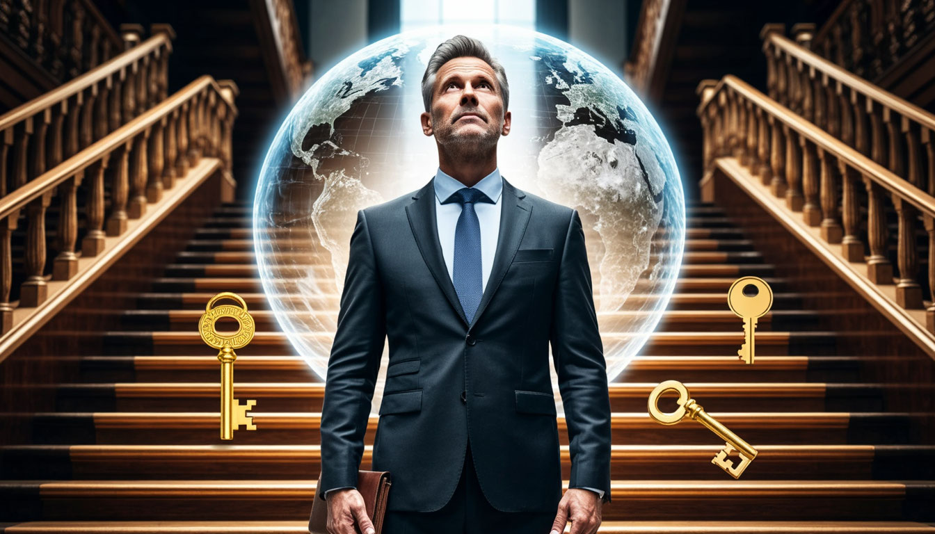 Мужчина демонстрирует ключевые качества для богатства: целеустремленность, дисциплину и устойчивость на пути к финансовой свободе.