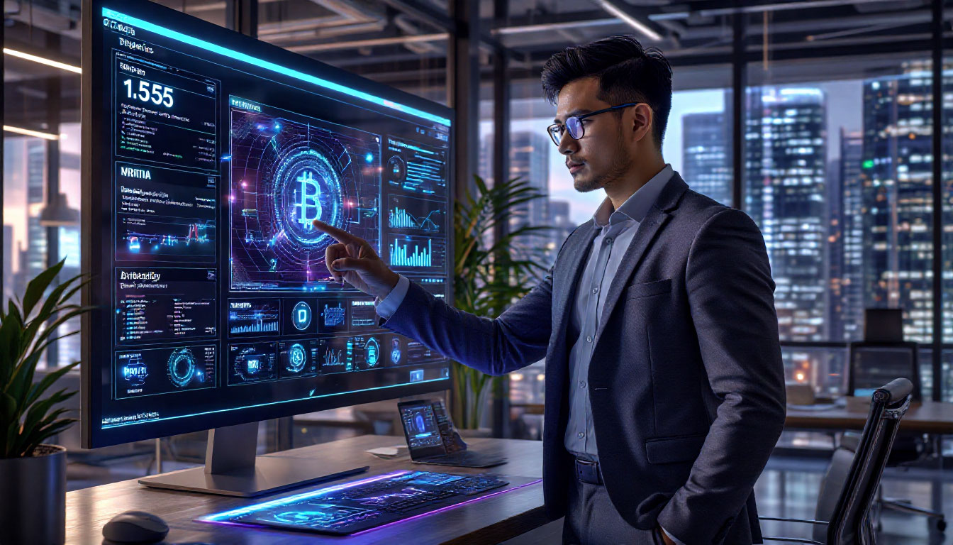 Аналитик изучает ключевые тренды в крипте на голографическом экране с визуализацией DeFi, NFT и токенизации активов.