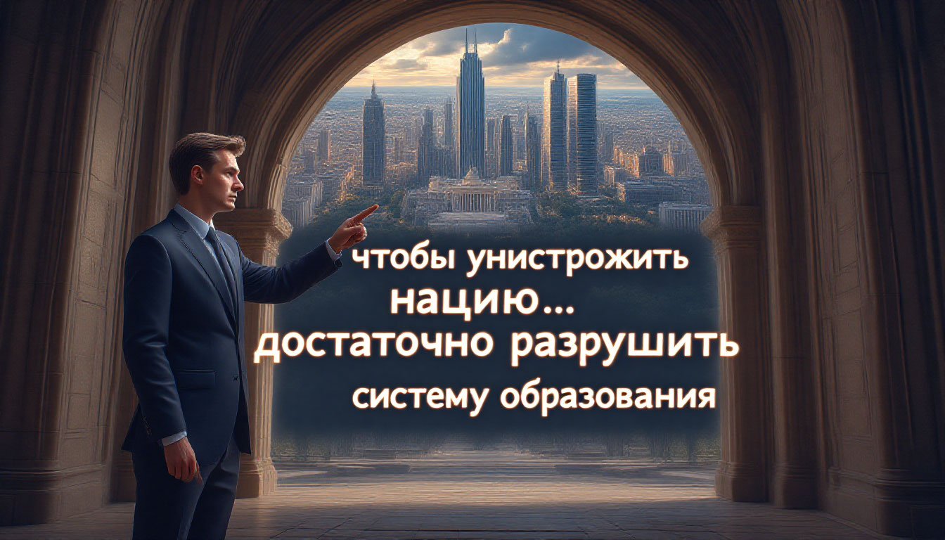 Преподаватель у входа в университет с цитатой о важности образования, визуализирующей культуру обучения как основу бизнеса.