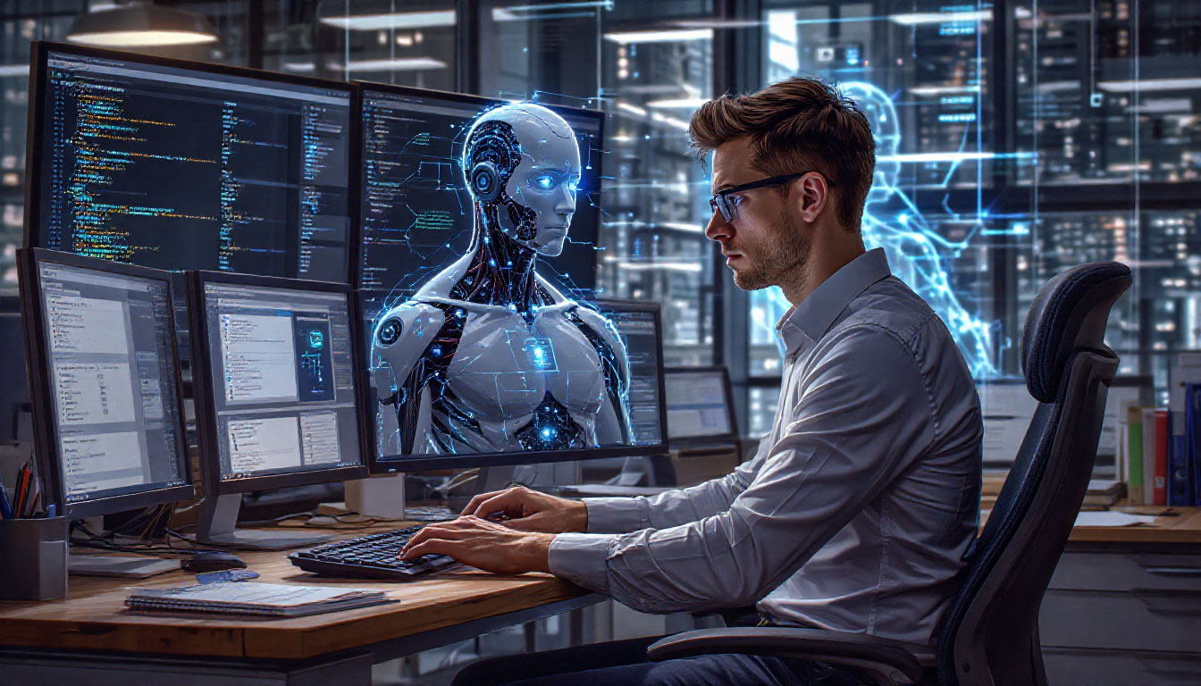 Офисный работник наблюдает автоматизацию процессов: нейросети и офисная работа объединяются для эффективности.