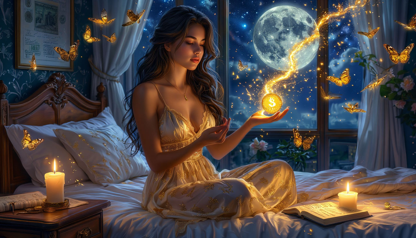 Женщина выполняет ночной денежный ритуал с сияющей монетой для привлечения финансового потока перед сном.