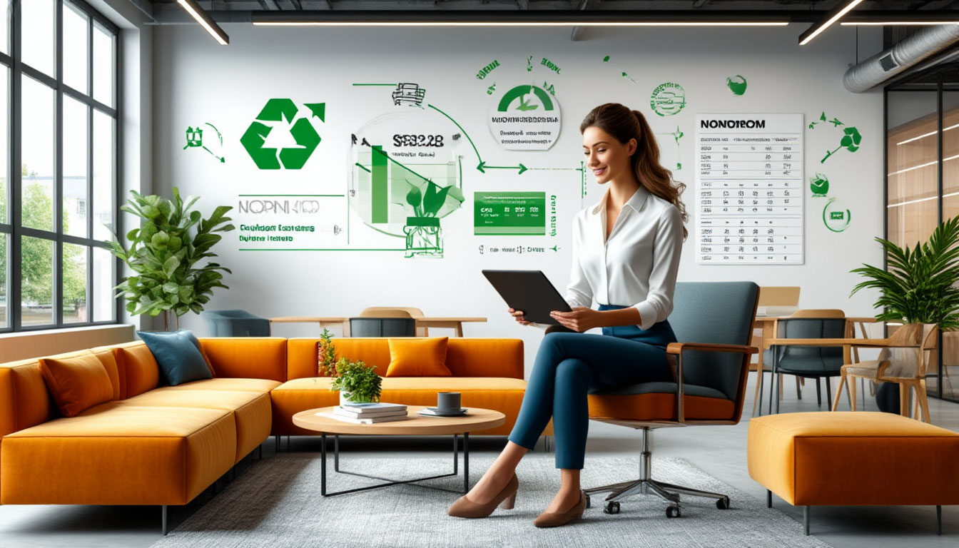 Подписка на мебель от NORNORM: женщина-менеджер гибко меняет конфигурацию офиса с модульной мебелью по подписке.