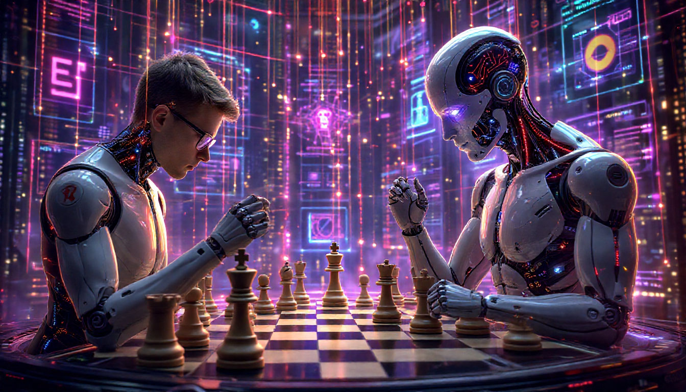 Поисковые войны будущего — визуализация битвы поисковых систем и AI-алгоритмов на футуристическом поле данных.