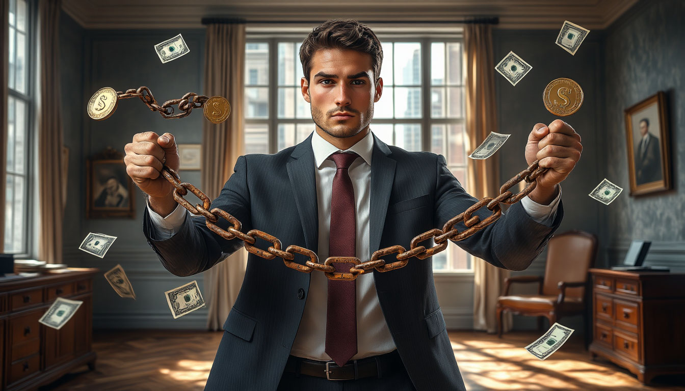 Мужчина разрывает цепи психологии бедности с ограничивающими убеждениями о деньгах на пути к финансовой свободе.