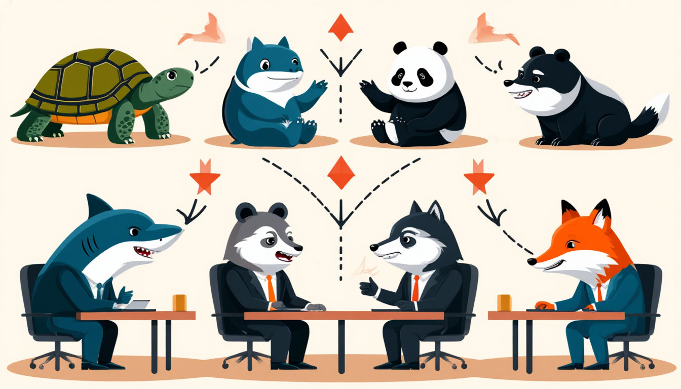 Пять животных делового конфликта — инфографика со стилизованными животными, символизирующими стратегии поведения в бизнес-спорах.