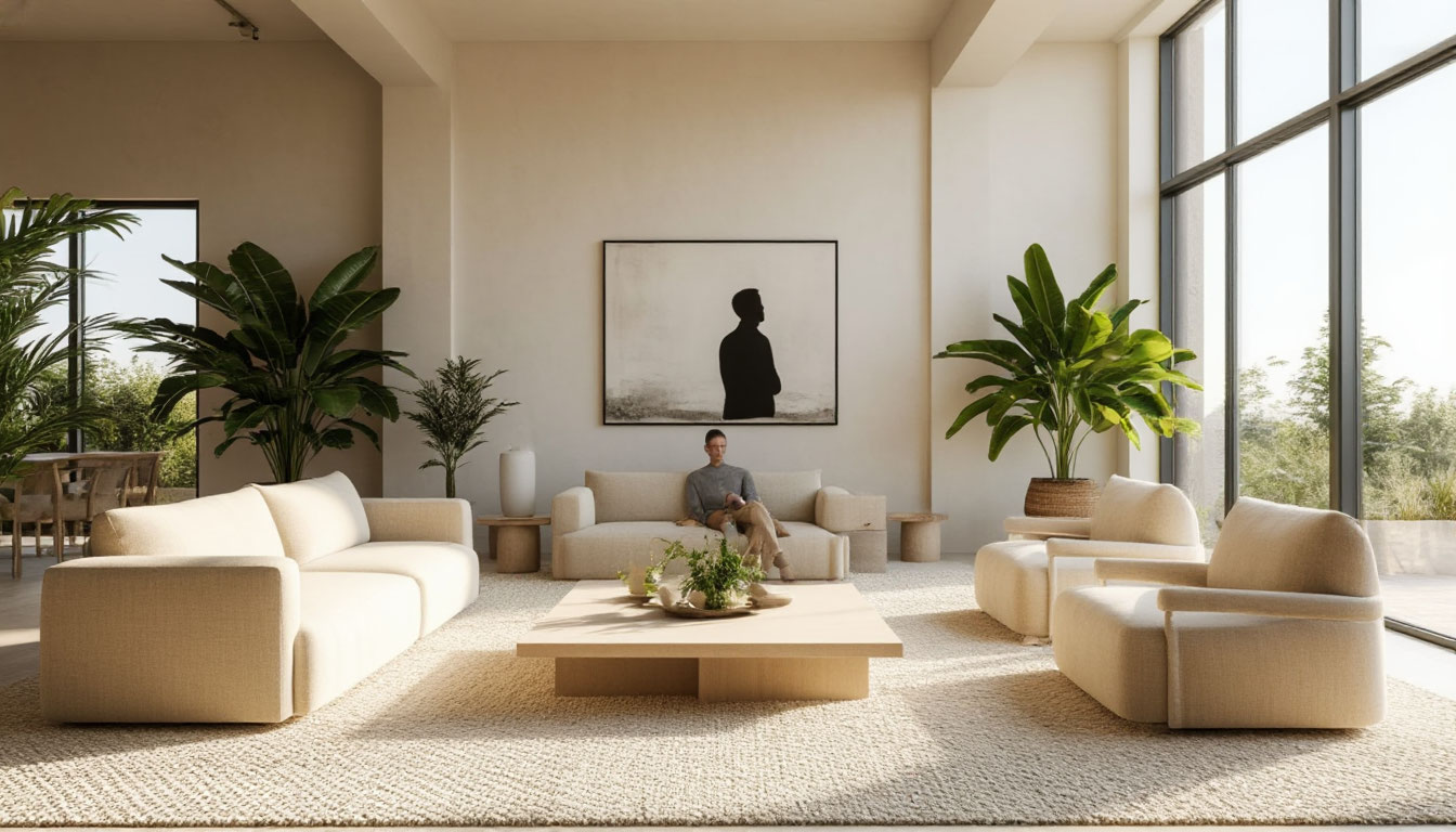 Светлый интерьер — просторная гостиная в минималистичном стиле с панорамными окнами и естественным освещением.