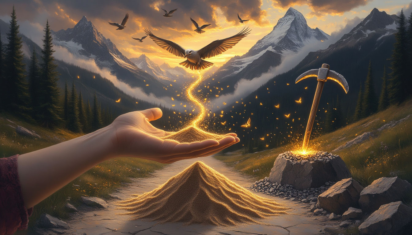 Сила в умении сдаваться — визуальная метафора отпускания песка, превращающегося в птиц, как символ освобождения.