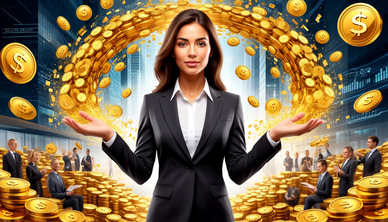 Визуализация силы денежного потока: женщина управляет вихрем денежной энергии, создающей изобилие во всех сферах жизни.
