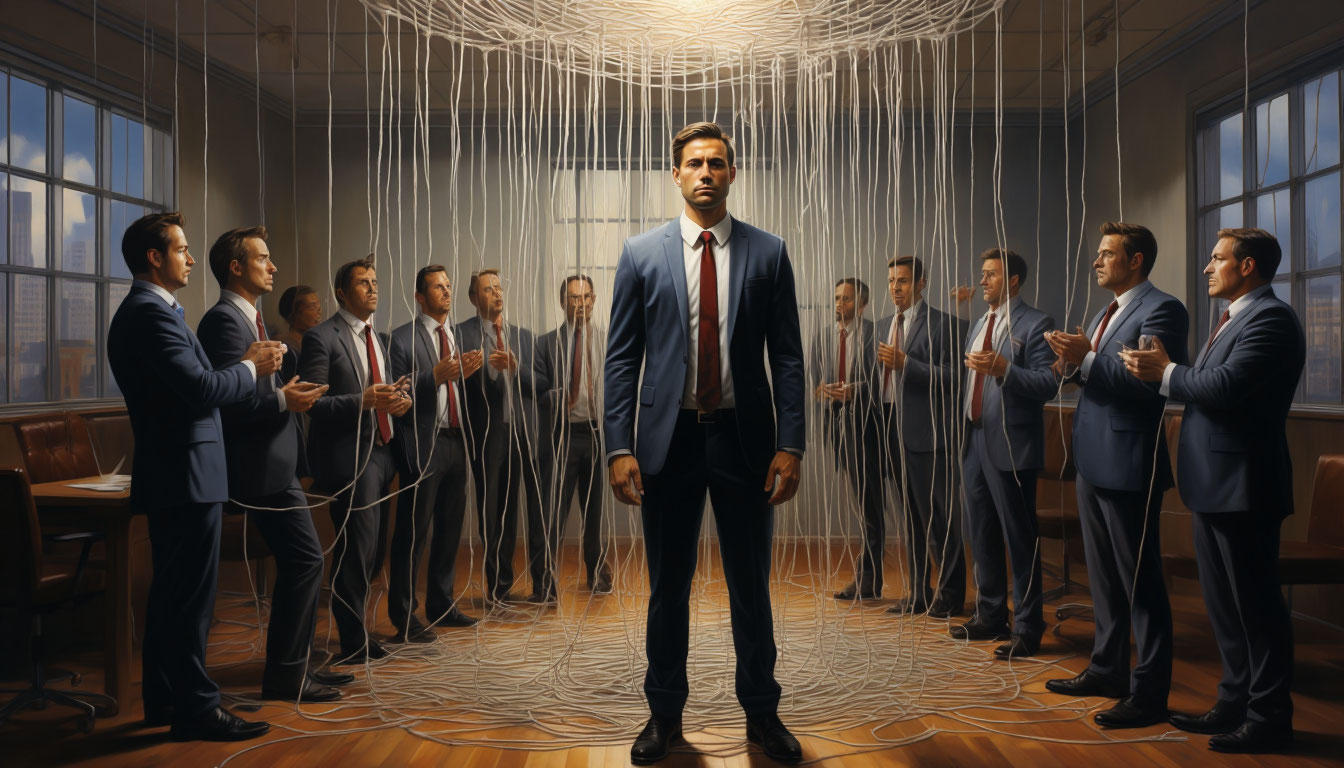 Руководитель, опутанный нитями контроля, визуализирующими синдром незаменимого руководителя в бизнесе.