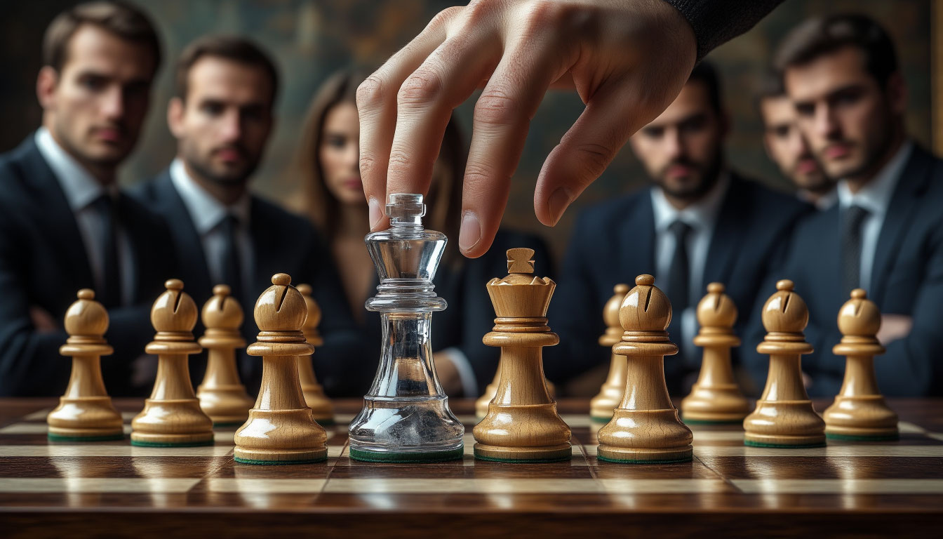 Скрытые ходы в бизнесе — шахматная метафора со полупрозрачной фигурой, символизирующей стратегическую конфиденциальность.