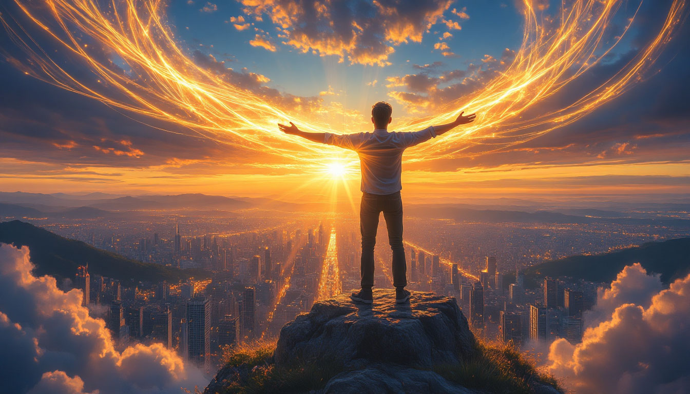 Человек на вершине горы символизирует таланты и успех, внутреннюю силу и победу над конкуренцией.