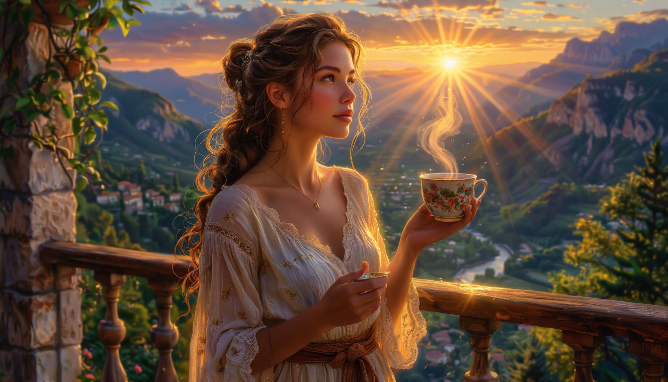 Женщина использует утренние аффирмации силы на рассвете, преобразуя слова в потоки золотой энергии.