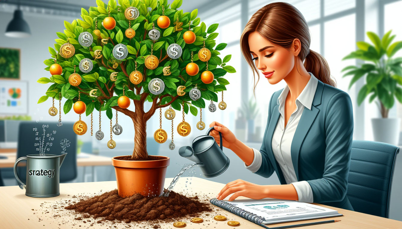 Формула Денежного Дерева: женщина-предприниматель выращивает дерево, визуализирующее структуру доходов и источников роста бизнеса.
