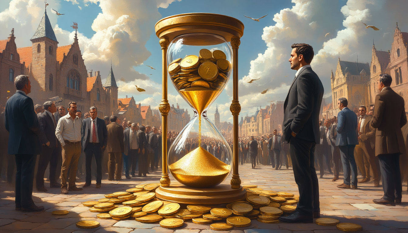 Мужчина на перепутье перед песочными часами, символизирующими цену жизни через превращение денег в время и достижения.