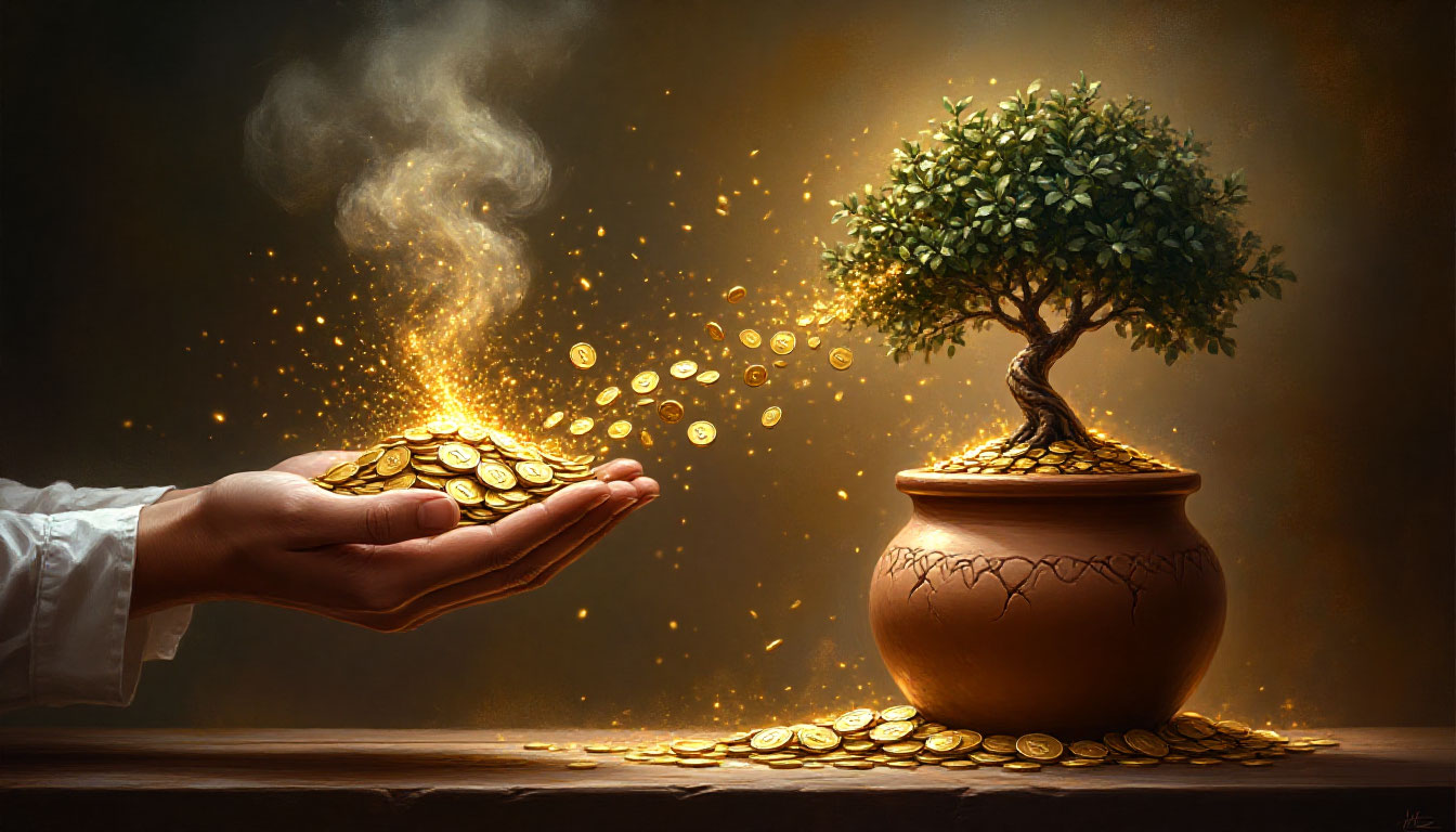 Энергия денег — визуальная метафора ускользающих монет и трёх ступеней к финансовому изобилию.