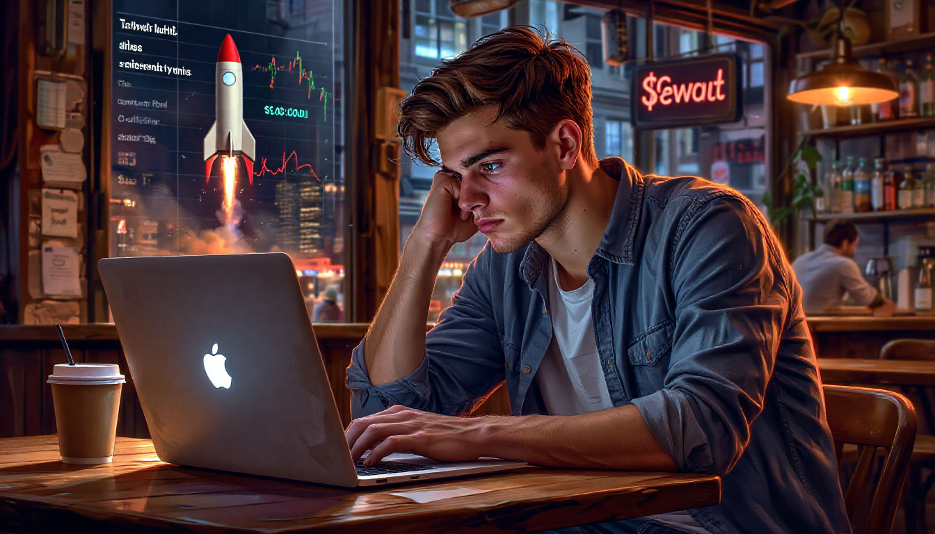 Мужчина задумчиво смотрит на график Revolut 75 млрд, символизирующий обгон старой банковской системы финтех-гигантом.