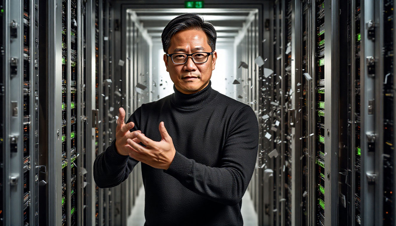 Дженсен Хуанг, основатель Nvidia, в момент преодоления препятствия на пути к технологическому прорыву.