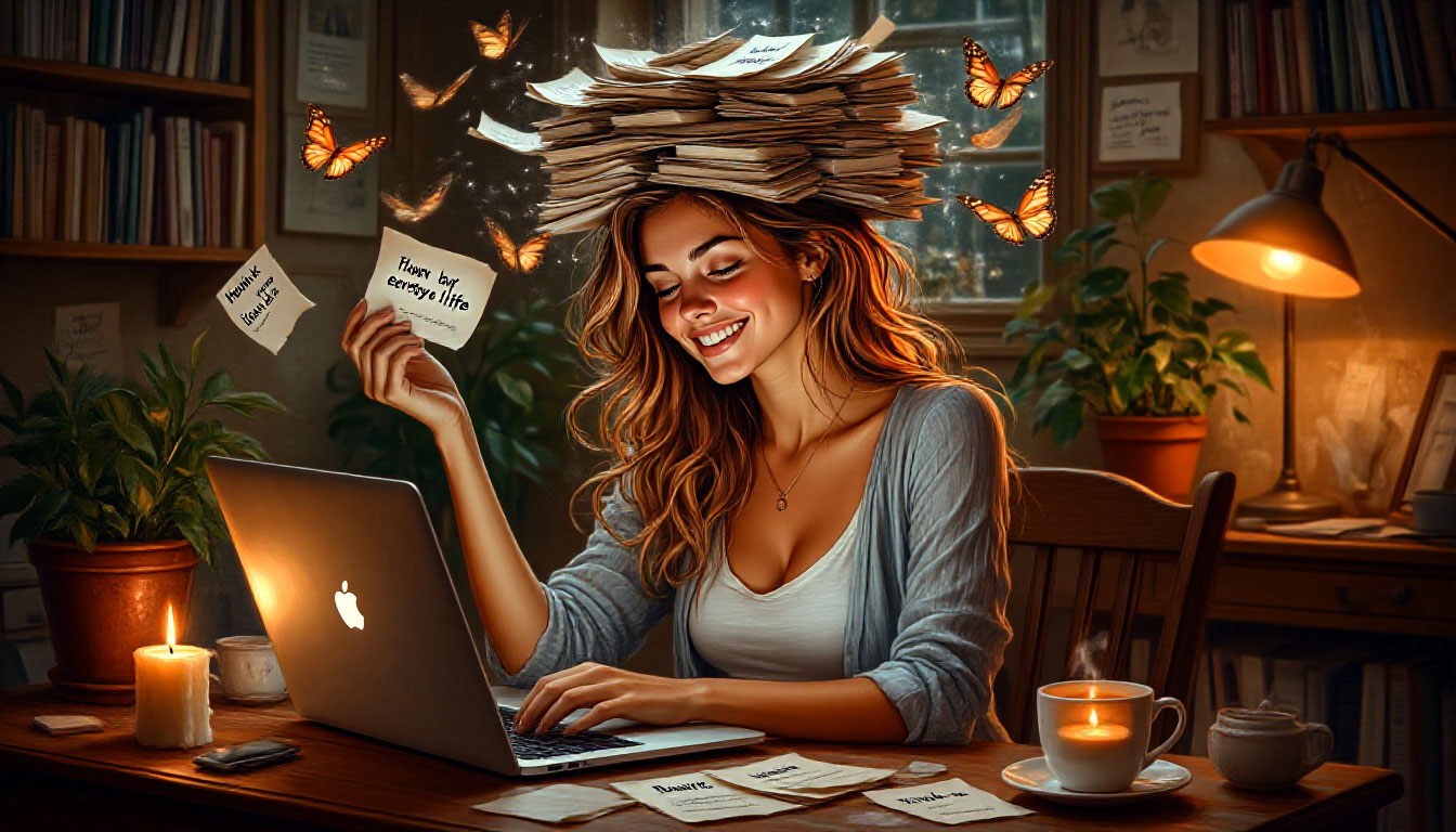 Баланс для домашнего бизнеса без выгорания: женщина настраивает прозрачный органайзер, разделяющий работу, дом, быт и финансы.