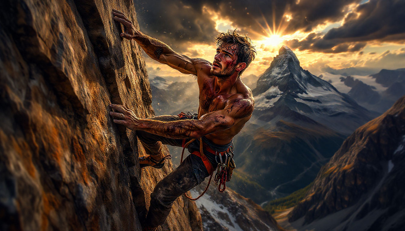 Альпинист на горном склоне, демонстрирующий как развить упорство через преодоление падений на пути к вершине.