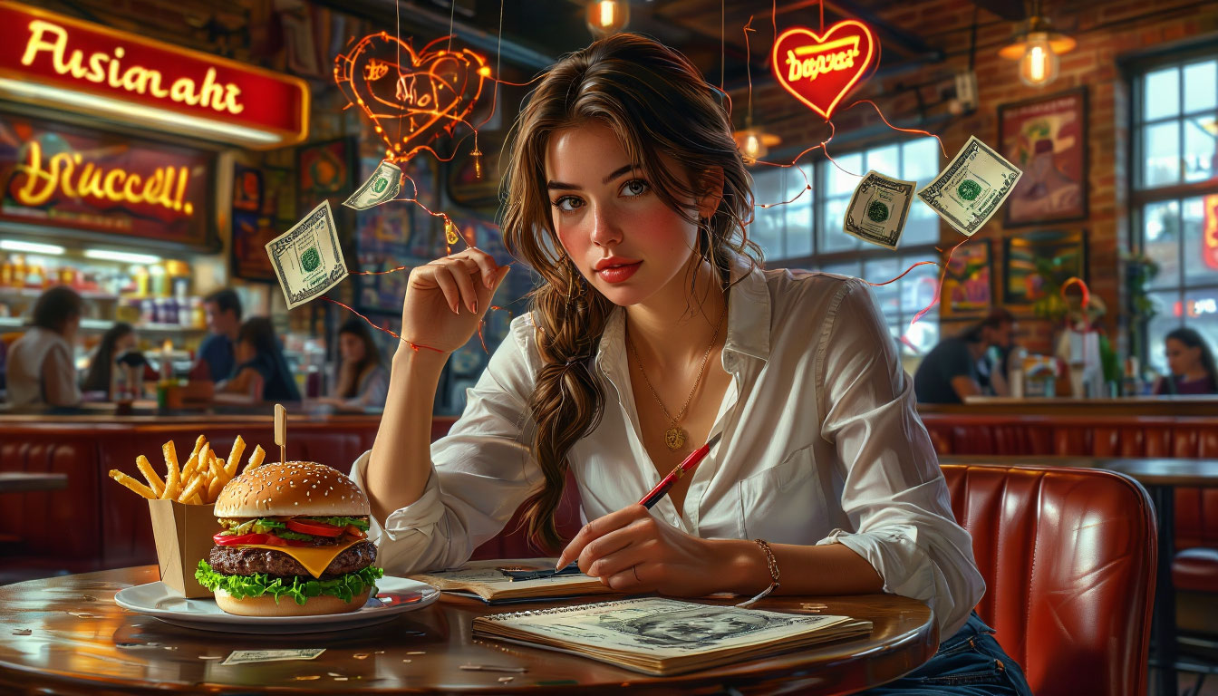 Анализ того, как фастфуд управляет поведением потребителей: женщина-предприниматель изучает сеть манипуляций над едой.