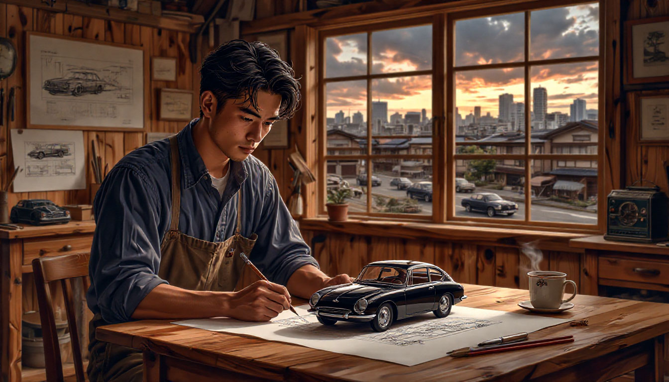 Тайна успеха Toyota — Киитиро Тоеда с чертежом первого автомобиля в мастерской на фоне ткацких станков.