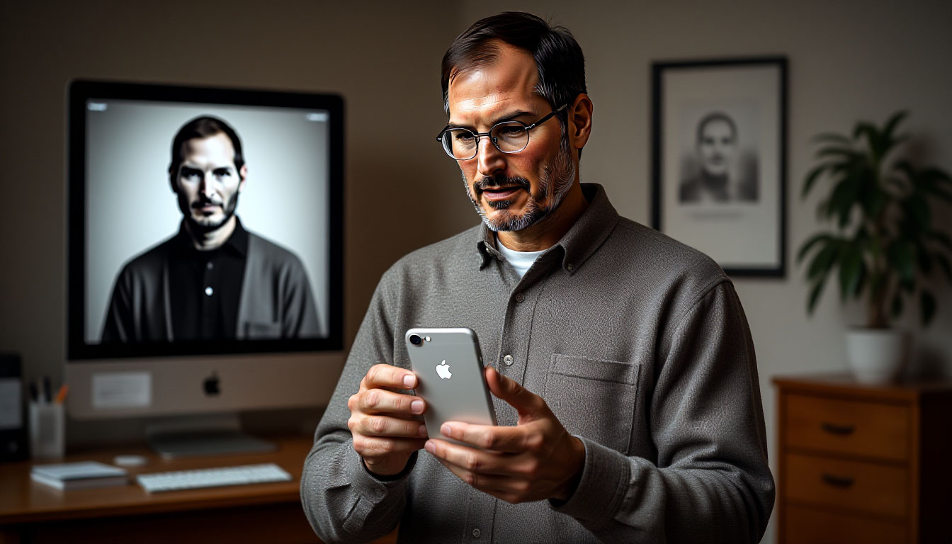 Мужчина исследует тайный смысл маленькой буквы «i» в iPhone, которая проецирует ключевые философские концепции Apple.