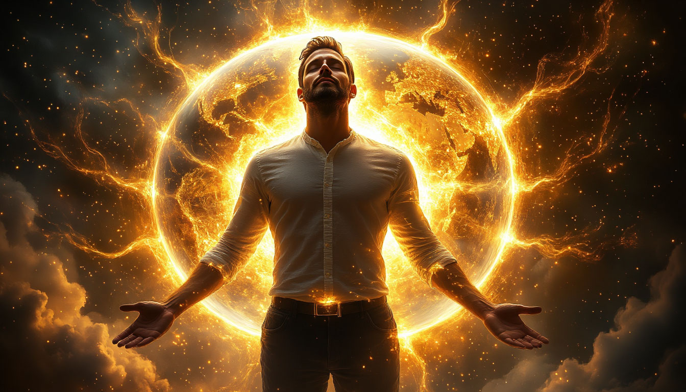 Мужчина в состоянии глубокой гармонии, чья внутренняя энергия визуализирует концепцию настоящего богатства, проецируясь во внешний успех.