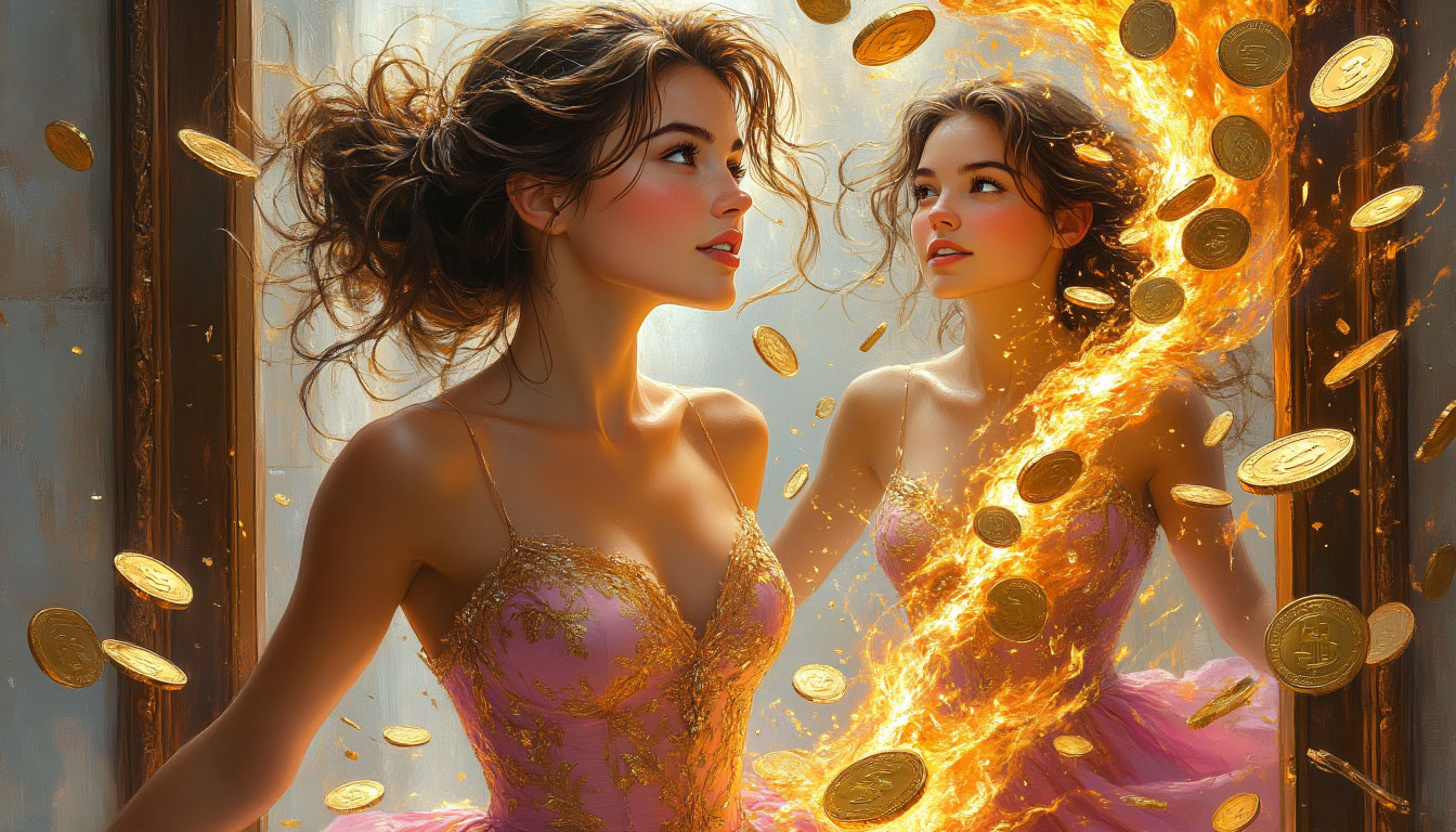 Женщина на пороге трансформации, где перемены и деньги становятся потоком возможностей, тушащим страх и хаос.