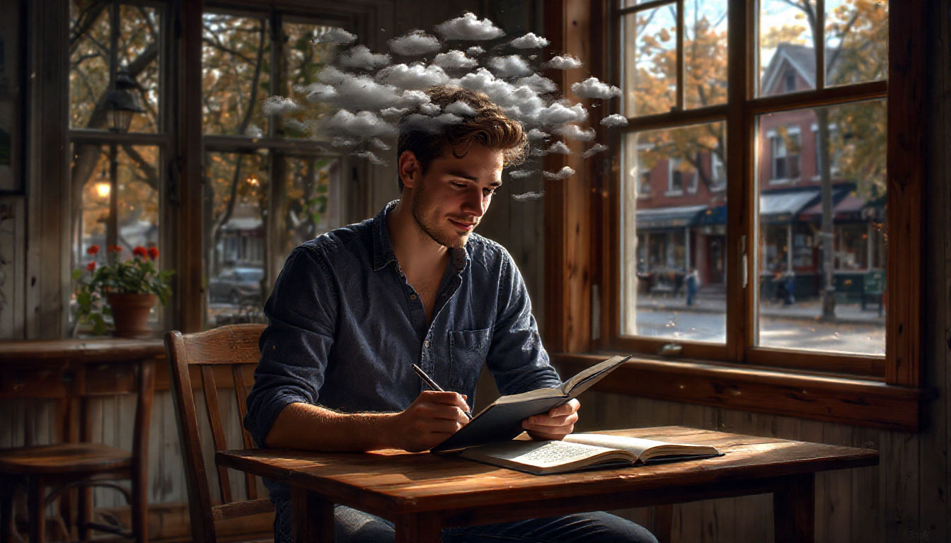 Мужчина за столом, показывающий как привычка "пишите чаще" упорядочивает мысли и приносит ясность в голову.