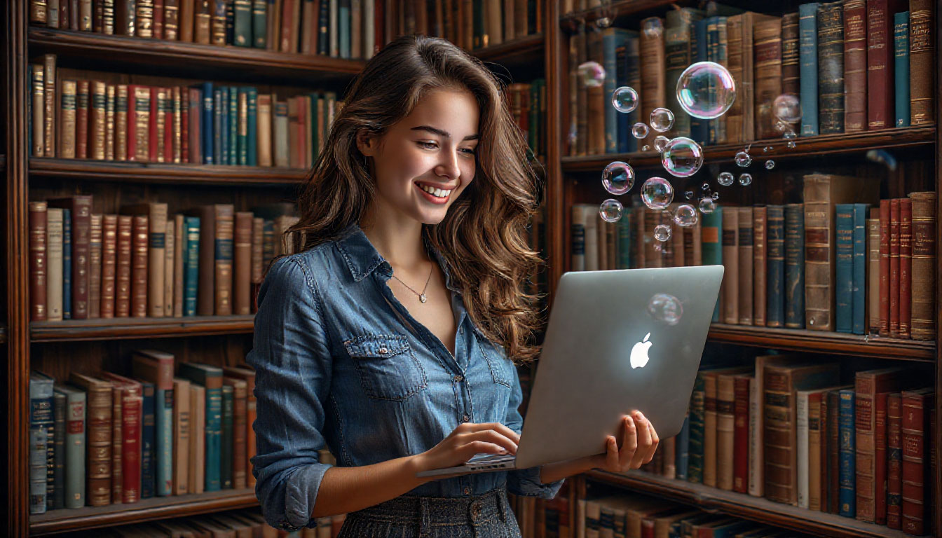 Женщина находит ценные «жемчужины» идей среди множества ярких инфобизнес-курсов на своем ноутбуке.