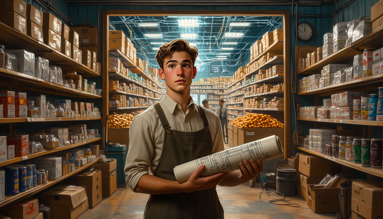 Майкл Каллен в гараже 1930-х, чья идея положила начало революции удобства, создавшей индустрию супермаркетов.