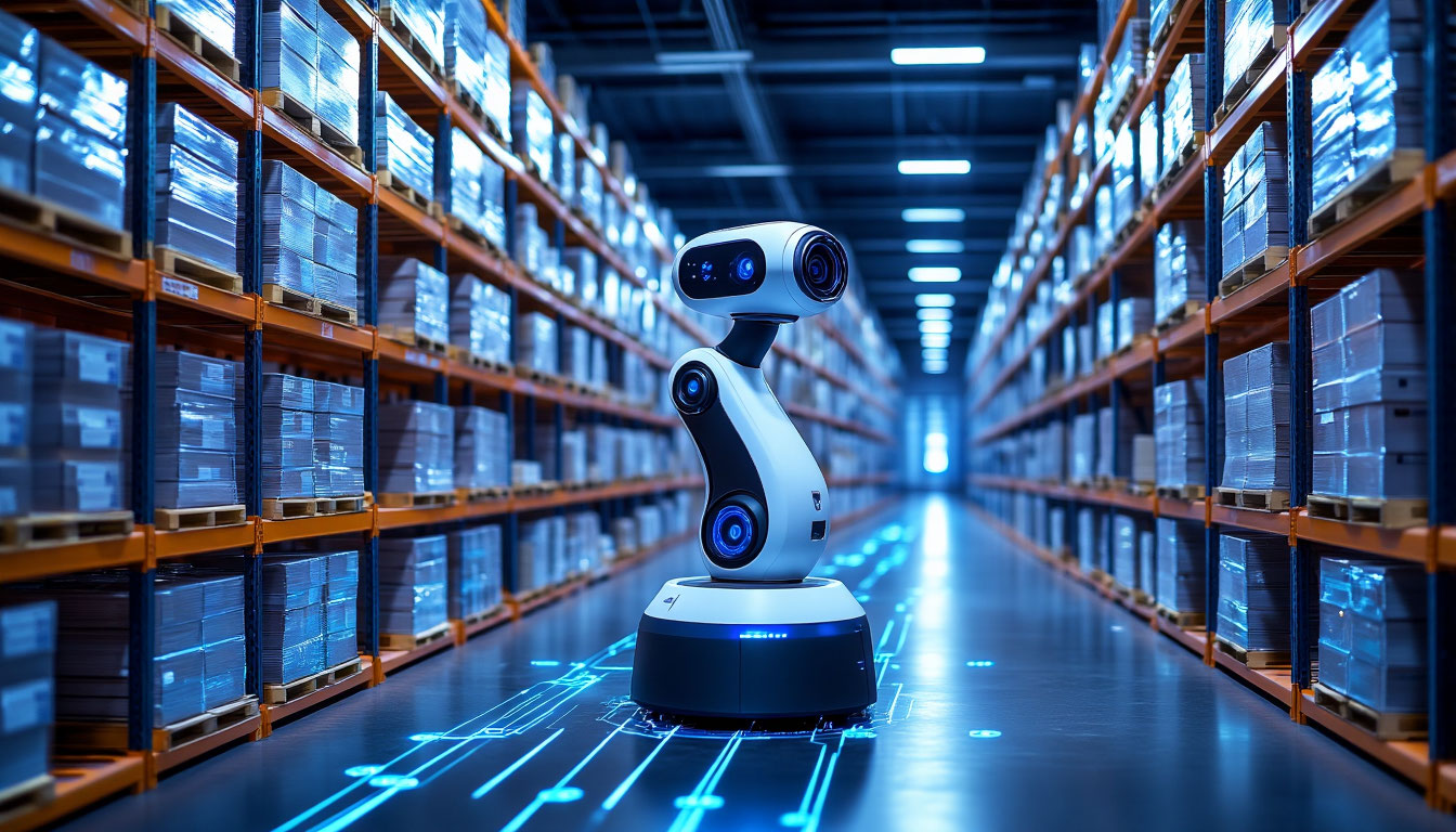 Робот-аудитор Dexory выполняет автоматическую инвентаризацию на современном складе.