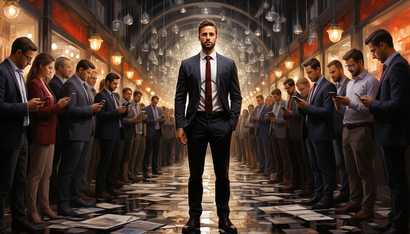 Мужчина на пороге перехода от сознания потребителя к сознанию бизнесмена, между серым миром жалоб и миром возможностей.