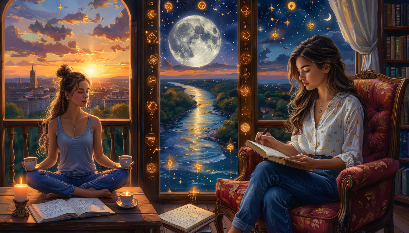 Сравнение утренних и вечерних ритуалов: женщина медитирует на рассвете и ведет дневник при луне как основа внутреннего порядка.