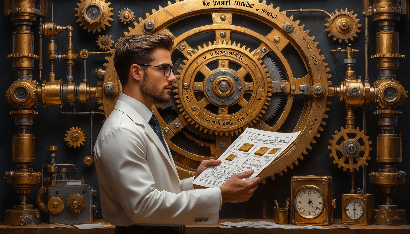 Предприниматель управляет сложным механизмом "формула богатства", производящим финансовое благополучие через стратегические элементы.