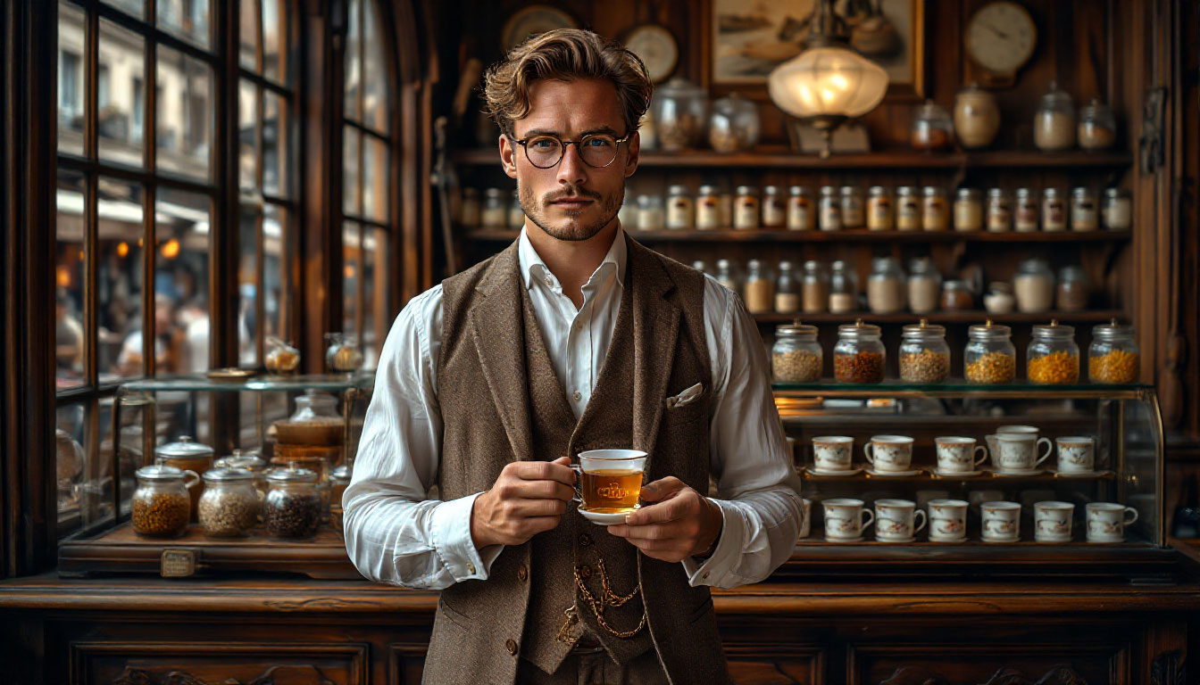 Молодой Томас Липтон на рынке, демонстрирующий как его энергия денег и внутренний огонь превращают чай в глобальный бренд.