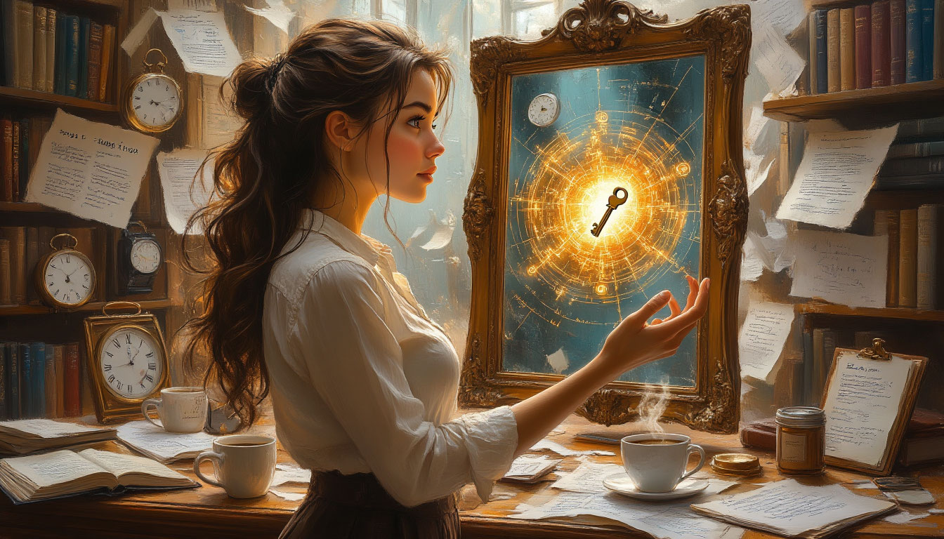 Эффективность личности: женщина находит смысл и ясность в зеркале, упорядочивая хаос рутинных задач.