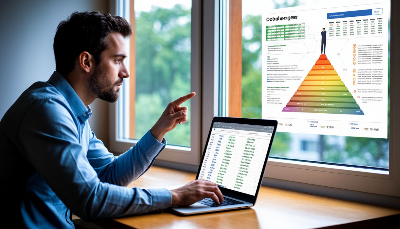 Мужчина выбирает между подходом "как ставить финансовые цели": сухие таблицы Excel vs. ясная система и внутренние изменения.